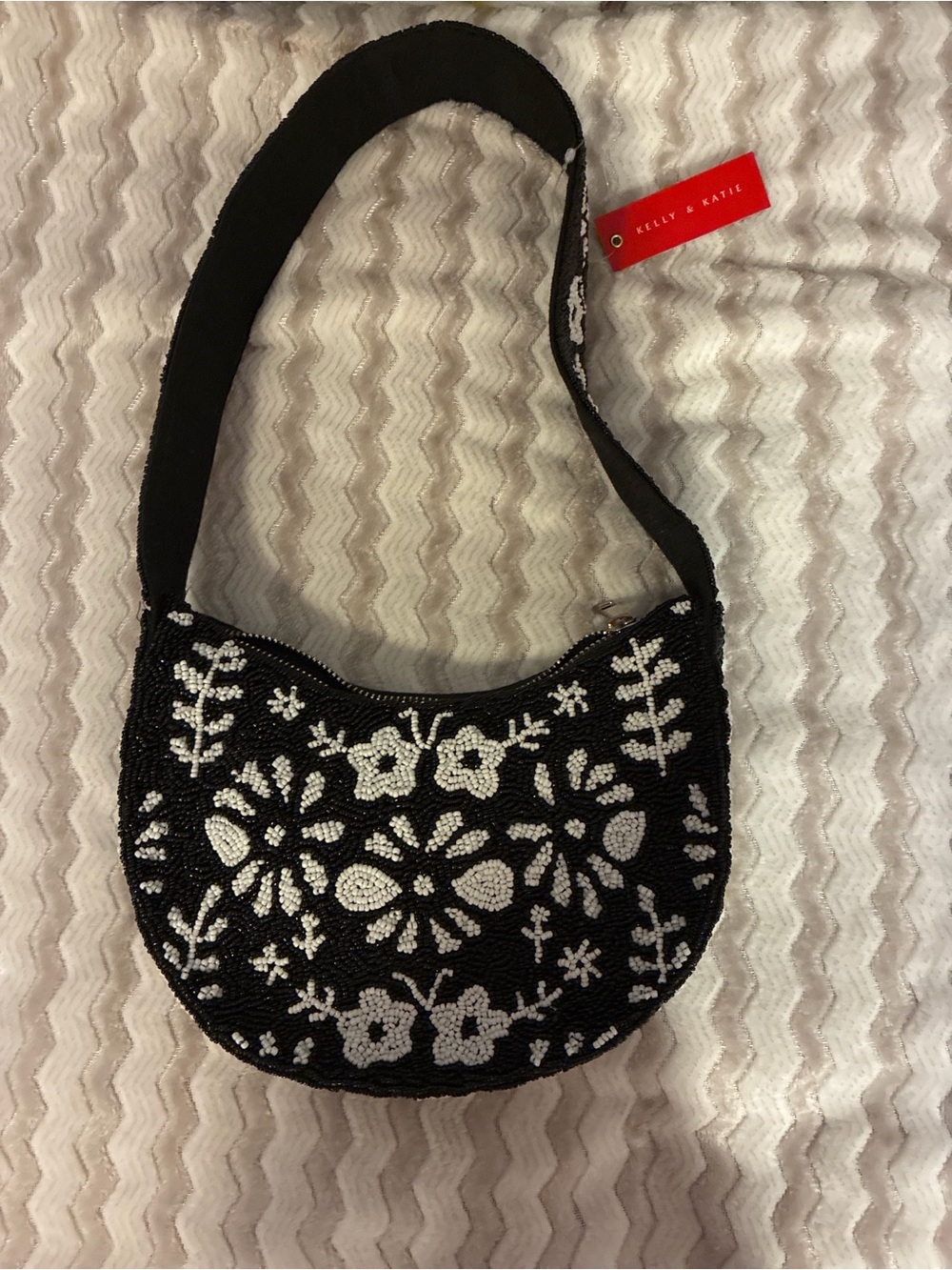Kelly & Katie Black Shoulder Bag with White Beaded Floral Detail